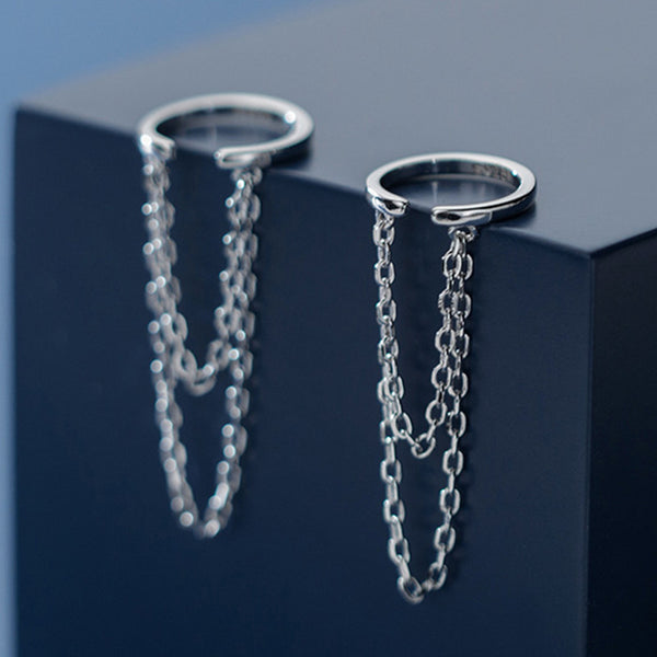 Pendientes de clip con doble cadena de plata de ley 925 para mujer