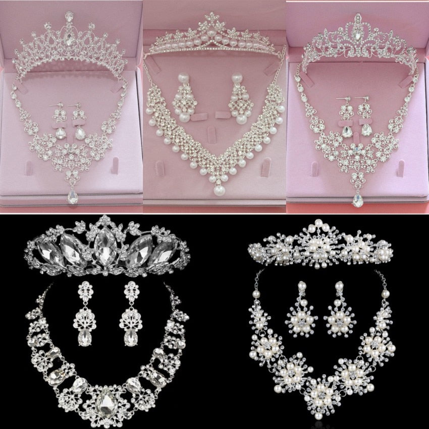 Silver Plated Crystal Bridal Jewelry Sets Tiara Crown Earrings Necklace Set