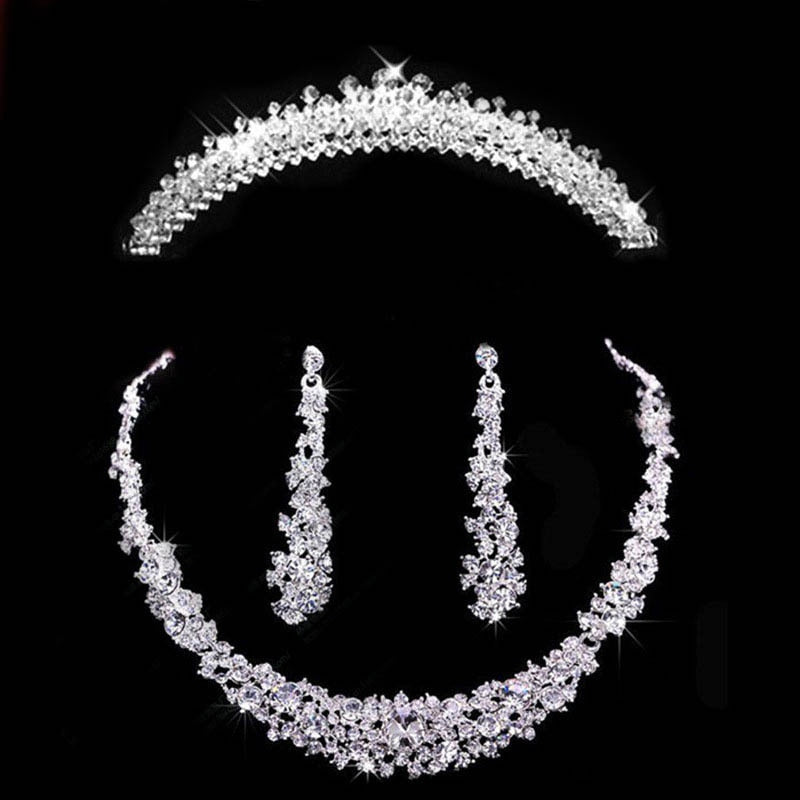 Silver Plated Crystal Bridal Jewelry Sets Tiara Crown Earrings Necklace Set