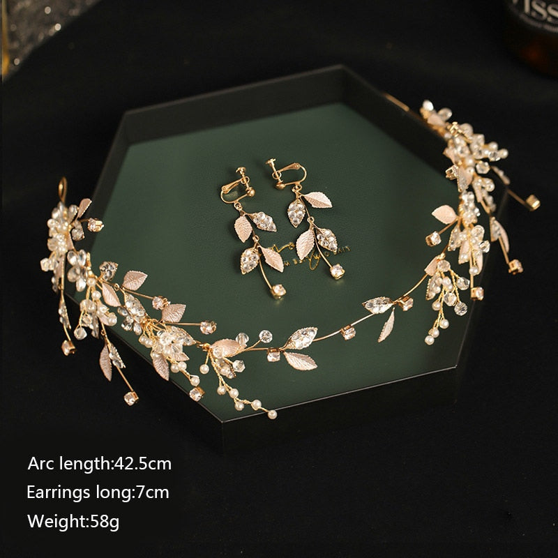 Fashion Headbands  Flower Leaf Crystal Pearls Hairbands Earrings Jewelry Sets