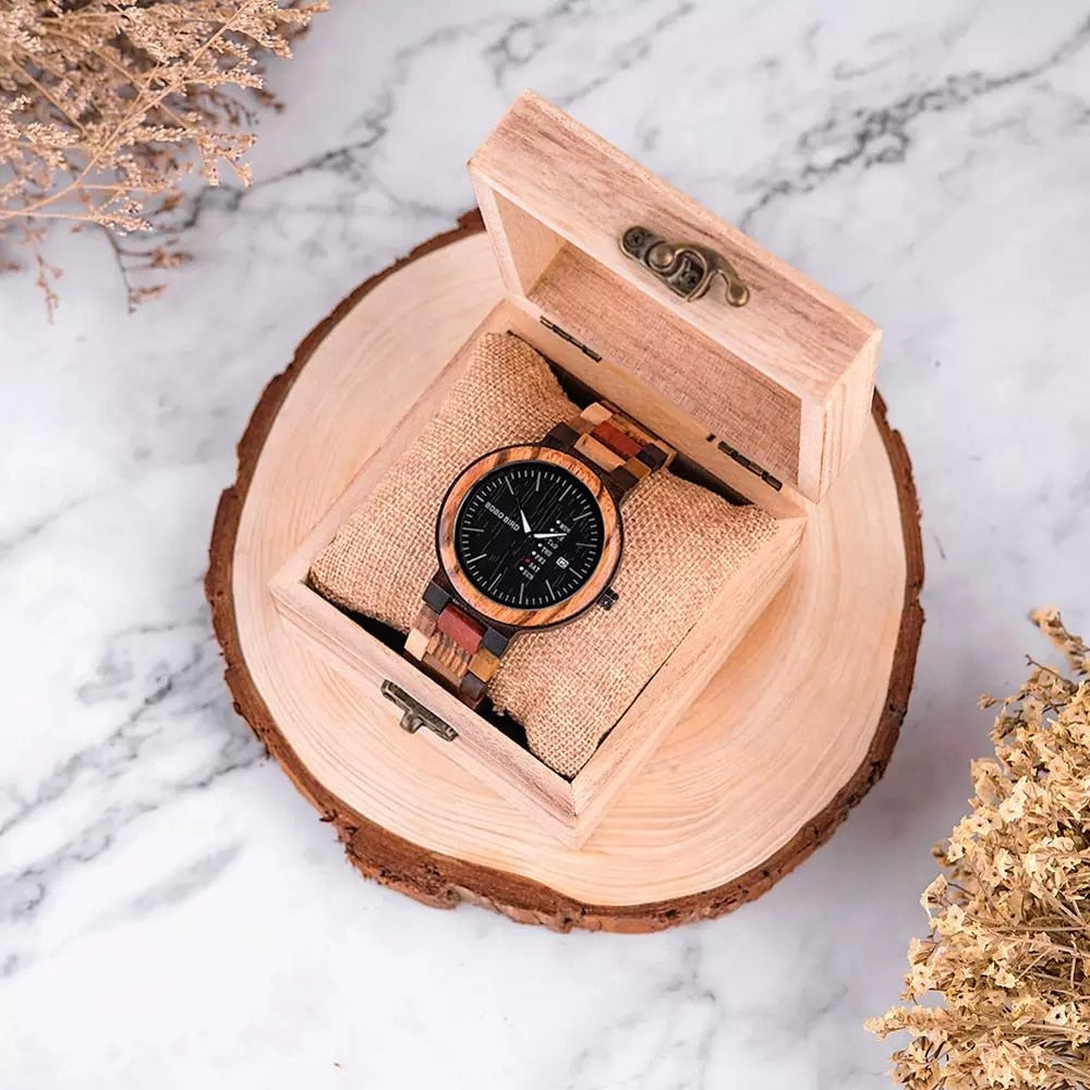 Quartz Week Date Display Wood Watch