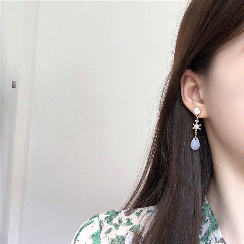 Korean Style Asymmetric Crystal Water Drop Clip on Earrings
