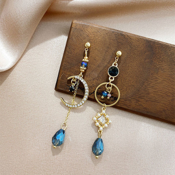 Pendientes de clip barrocos elegantes con gotas de agua y diamantes de imitación azules brillantes