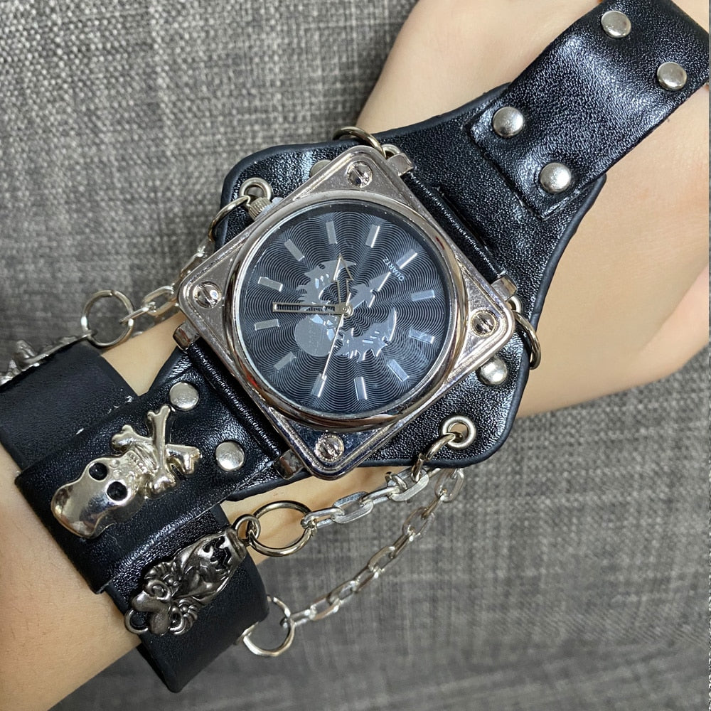 Black Leather Fashion Skull Big Dial Quartz Couple Watch
