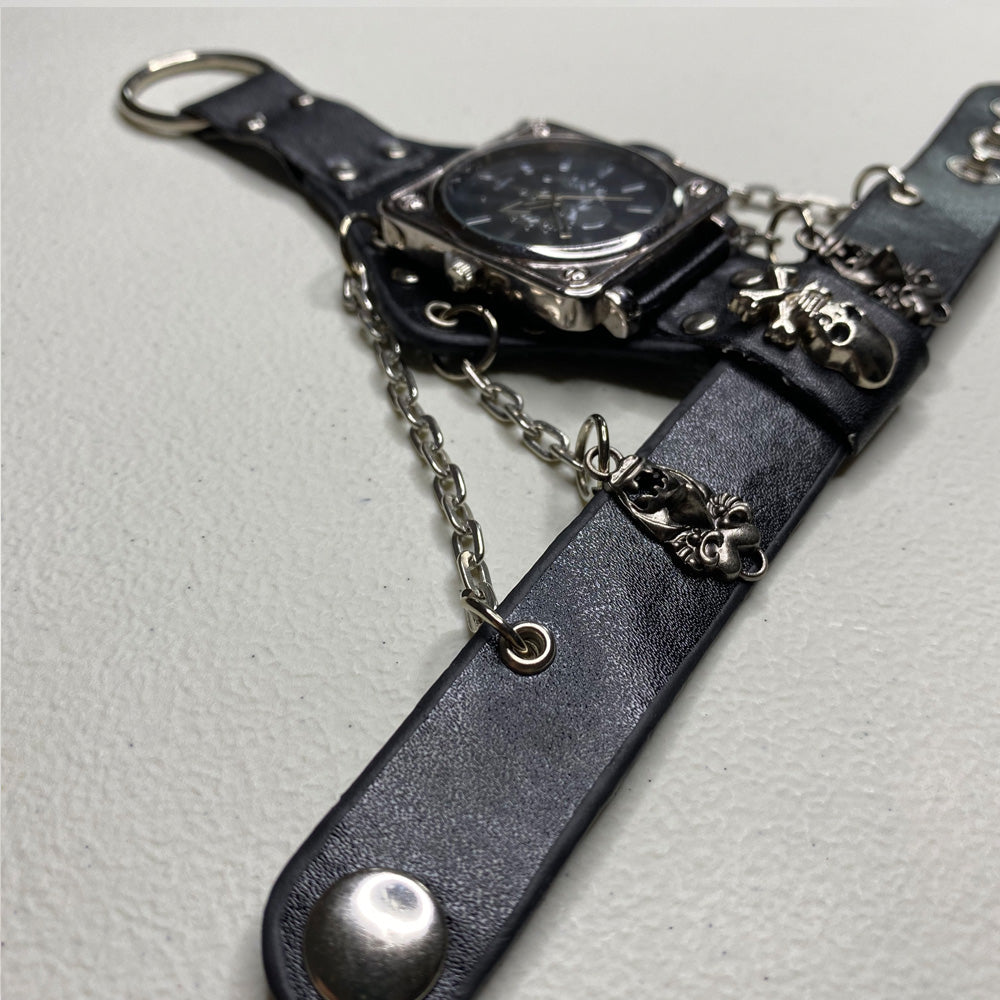 Black Leather Fashion Skull Big Dial Quartz Couple Watch