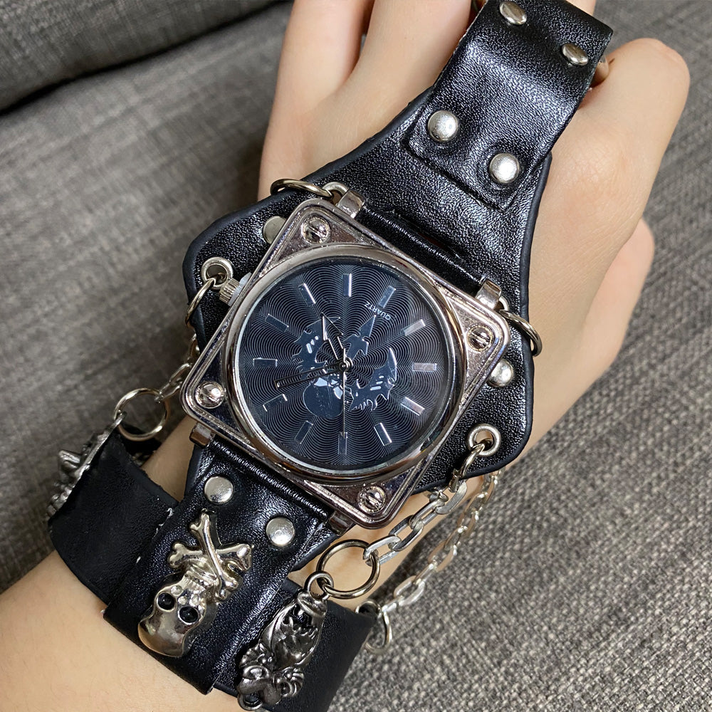 Black Leather Fashion Skull Big Dial Quartz Couple Watch