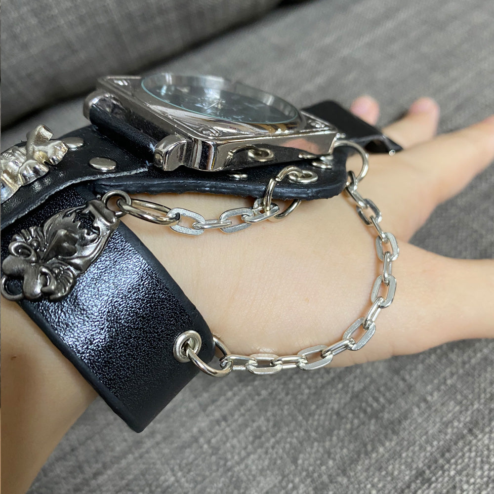 Black Leather Fashion Skull Big Dial Quartz Couple Watch