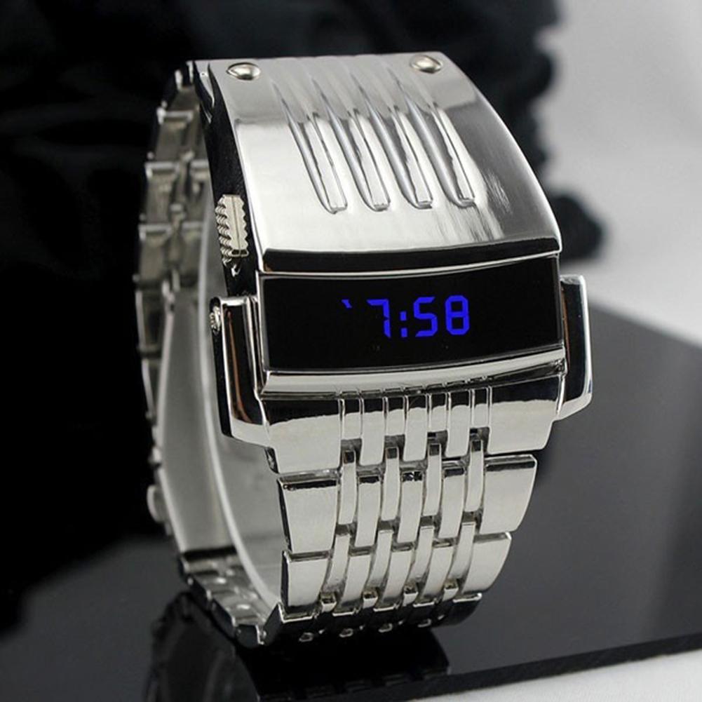 ashion Blue LED Display Wide Stainless Steel Band Men Digital Wrist Watch