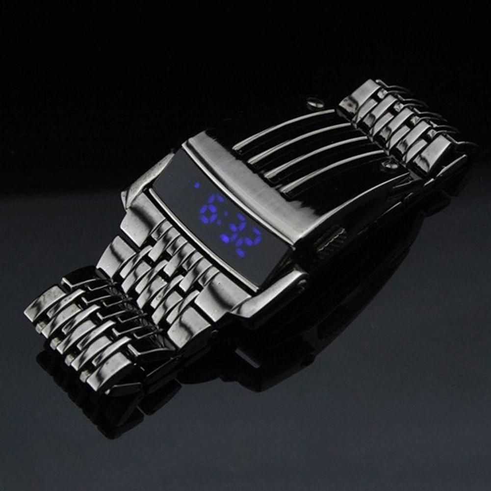 ashion Blue LED Display Wide Stainless Steel Band Men Digital Wrist Watch