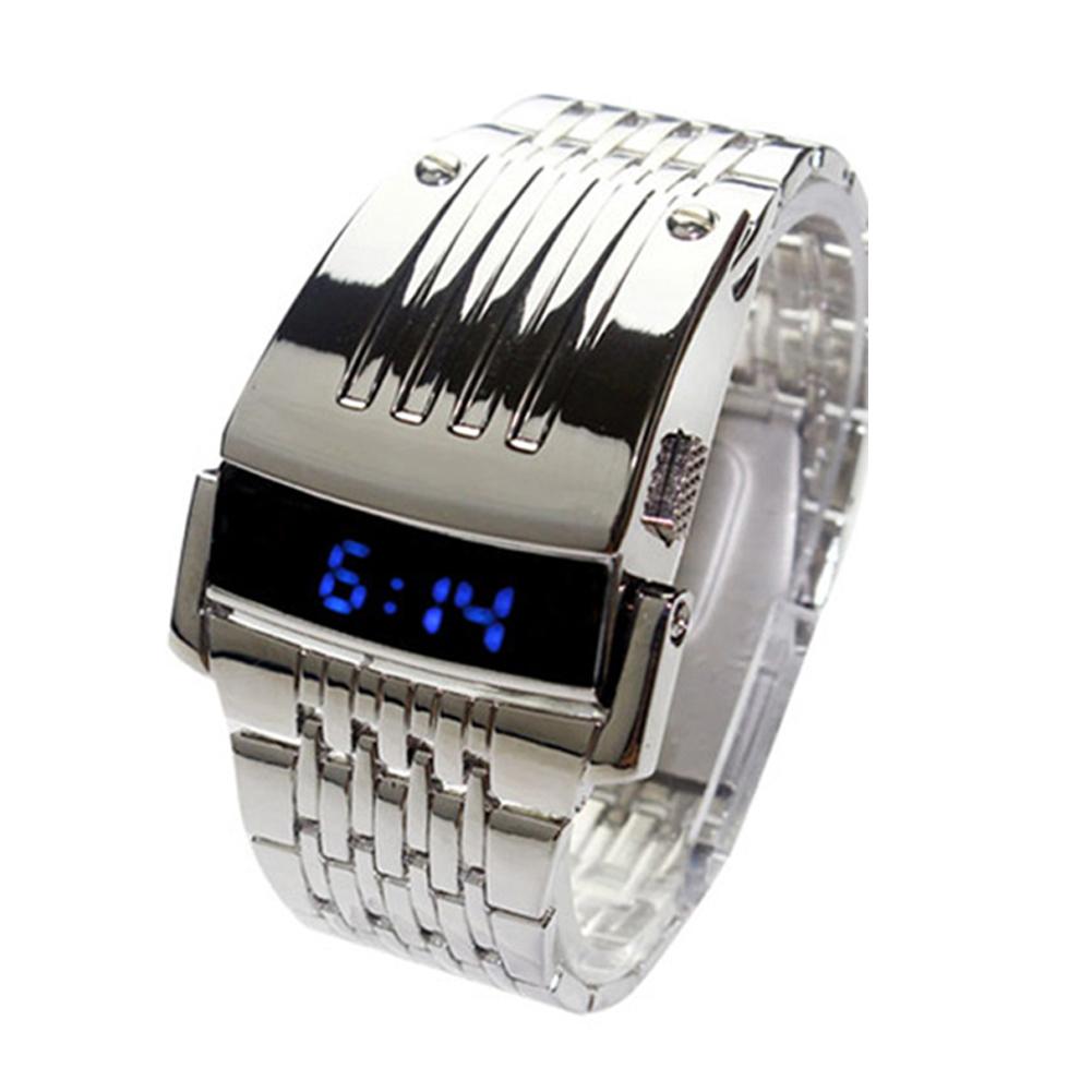 ashion Blue LED Display Wide Stainless Steel Band Men Digital Wrist Watch