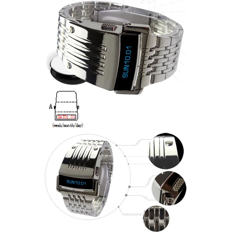 ashion Blue LED Display Wide Stainless Steel Band Men Digital Wrist Watch