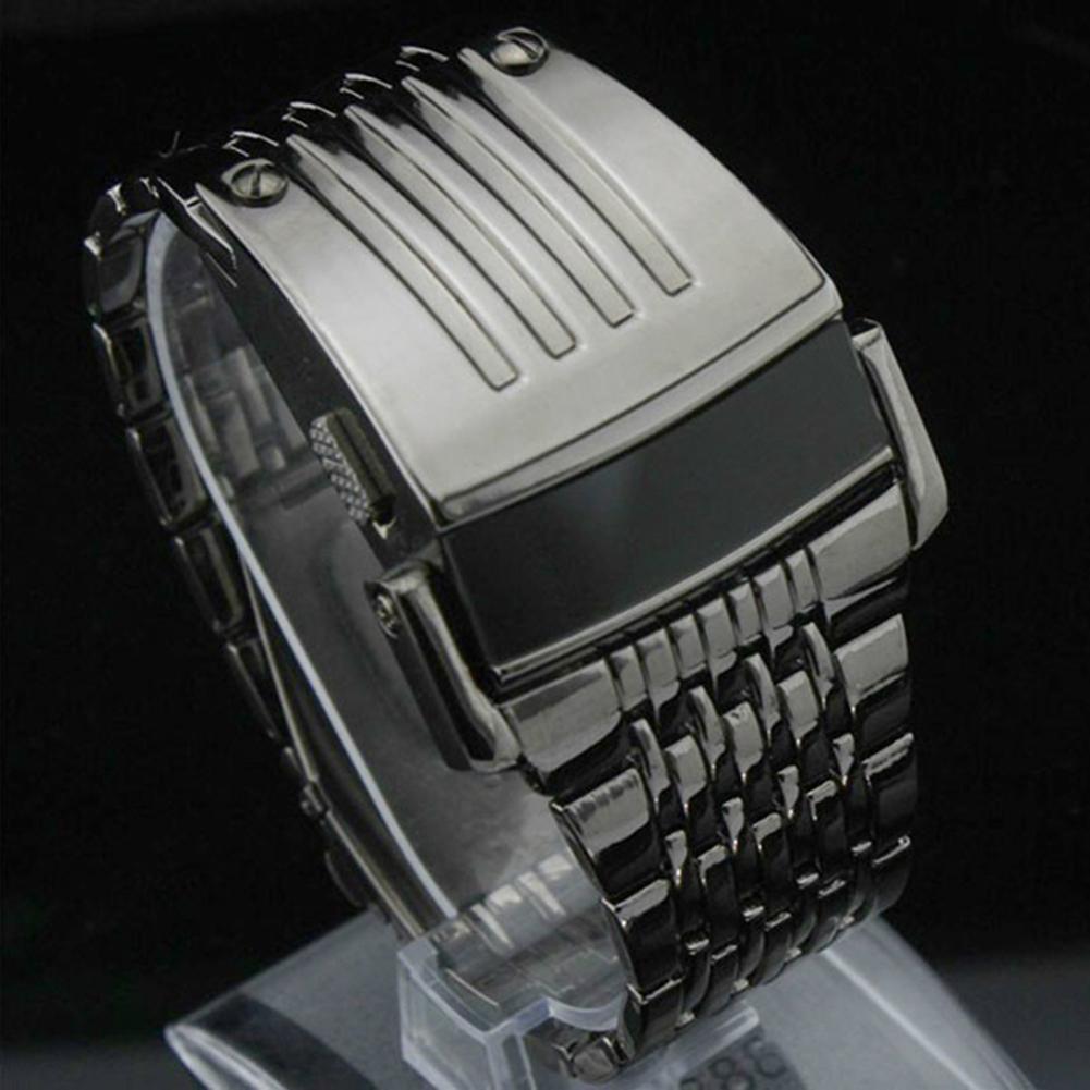 ashion Blue LED Display Wide Stainless Steel Band Men Digital Wrist Watch