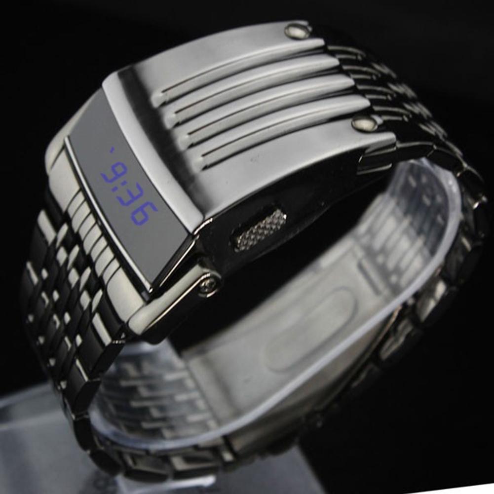 ashion Blue LED Display Wide Stainless Steel Band Men Digital Wrist Watch