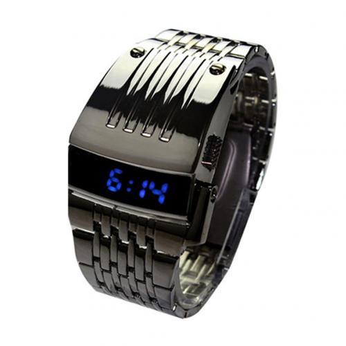ashion Blue LED Display Wide Stainless Steel Band Men Digital Wrist Watch