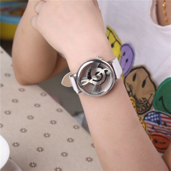 Unique Woman Quartz Analog Hollow Musical Note Style leather WristWatch