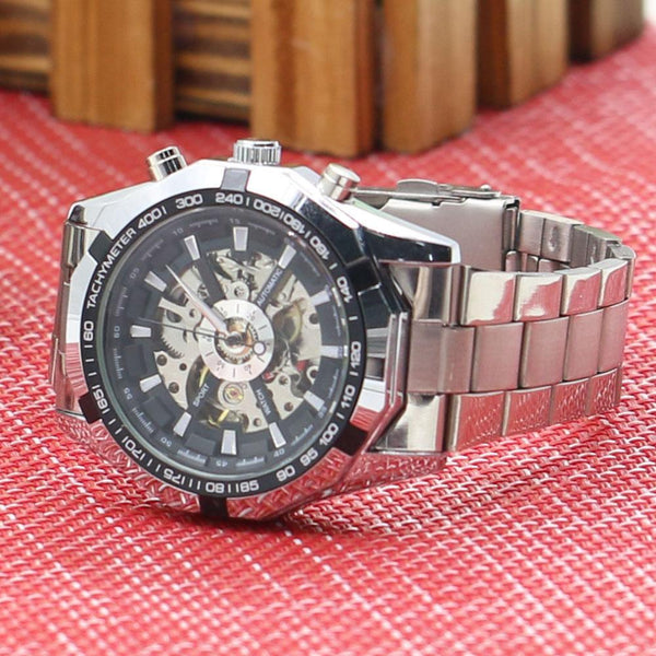 Reloj de pulsera mecánico automático con esfera de esqueleto hueco y correa de acero inoxidable