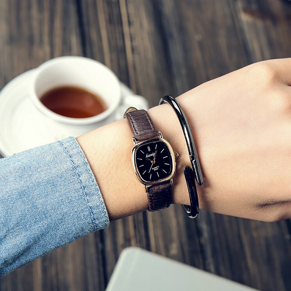 Vintage Square Thin Faux Leather  Analog Couple Wrist Watch
