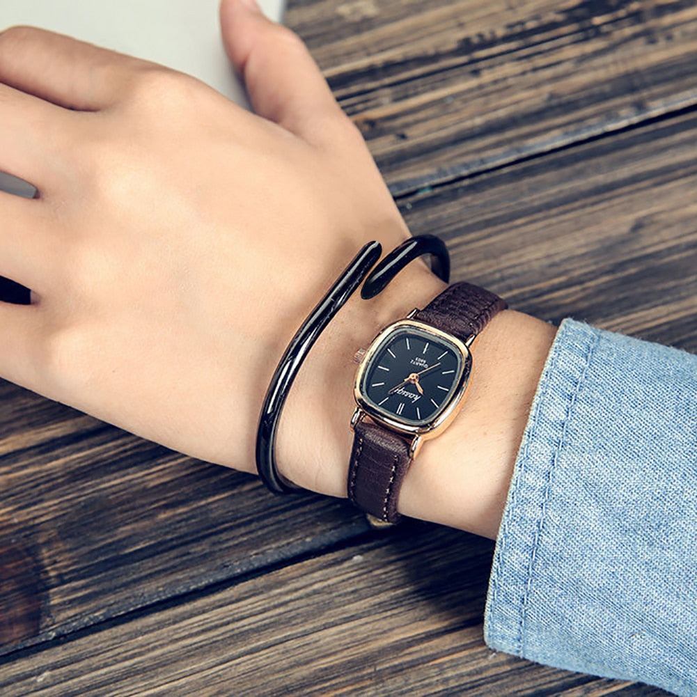 Vintage Square Thin Faux Leather  Analog Couple Wrist Watch