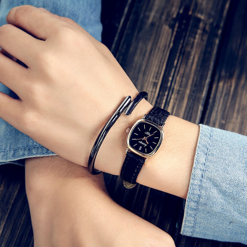 Vintage Square Thin Faux Leather  Analog Couple Wrist Watch