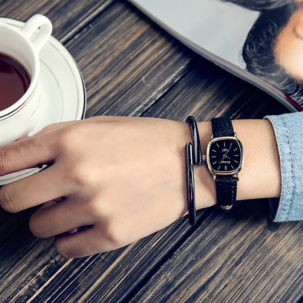 Vintage Square Thin Faux Leather  Analog Couple Wrist Watch