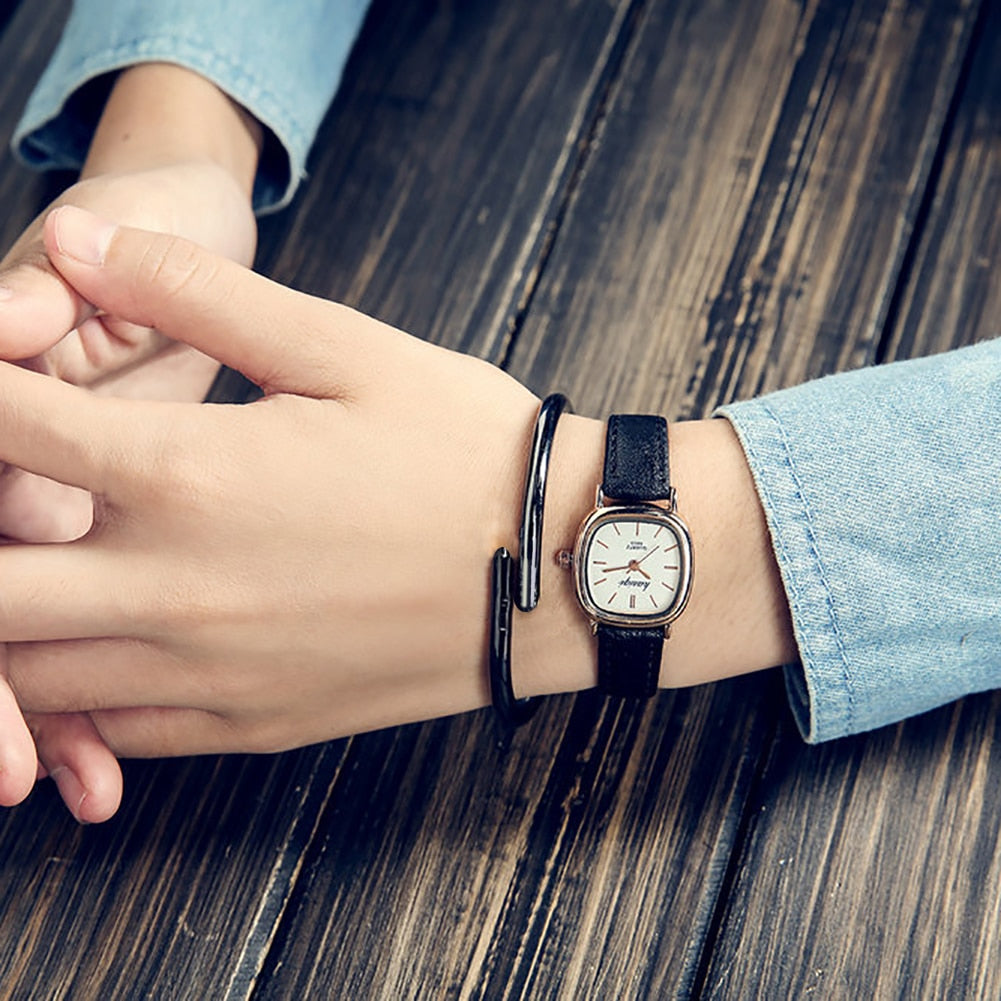 Vintage Square Thin Faux Leather  Analog Couple Wrist Watch