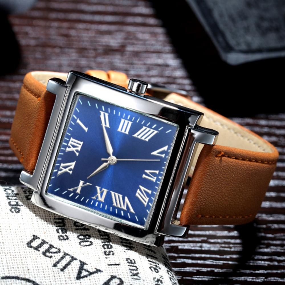 Square Dial Roman Numeral Faux Leather Strap Analog Quartz Watch
