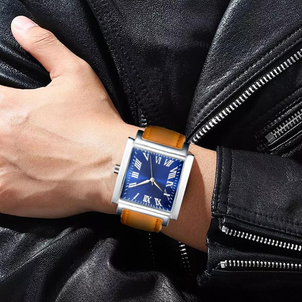 Square Dial Roman Numeral Faux Leather Strap Analog Quartz Watch