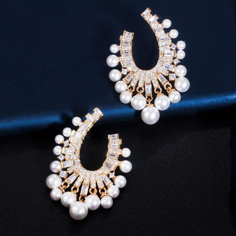 White Pearl Cubic Zirconia 585 Gold Color Large Dangling Drop Earrings