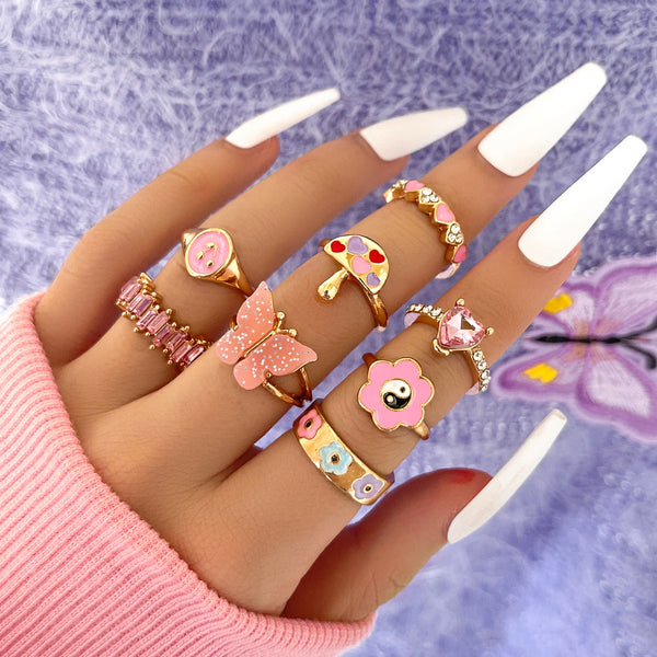 Bonito juego de anillos de Tai Chi para mujer, con cristales estéticos góticos punk.