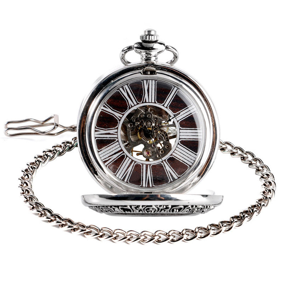 Vintage Wood Mechanical  Roman Numerals Creative Carving Flower Dial Pocket Watch