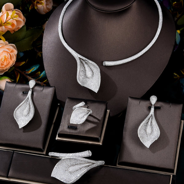 Flower Lily Luxury Naija Bridal Cubic Zirconia Necklace Dubai Dress Jewelry Set