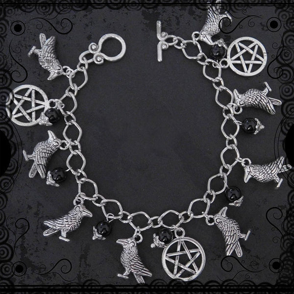 Tobillera con dije de bruja, dragón y amatista, pulsera pagana con dijes