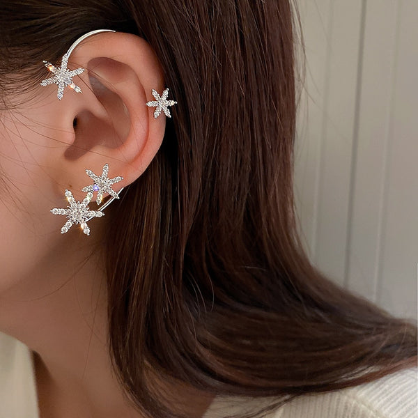Pendientes de clip de lujo con forma de copo de nieve y circonita brillante