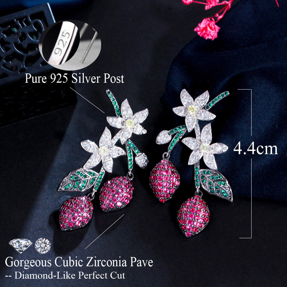 Trendy Flower Design CZ Stone Long Tassel Red Lemon Fruit Dangle Earrings