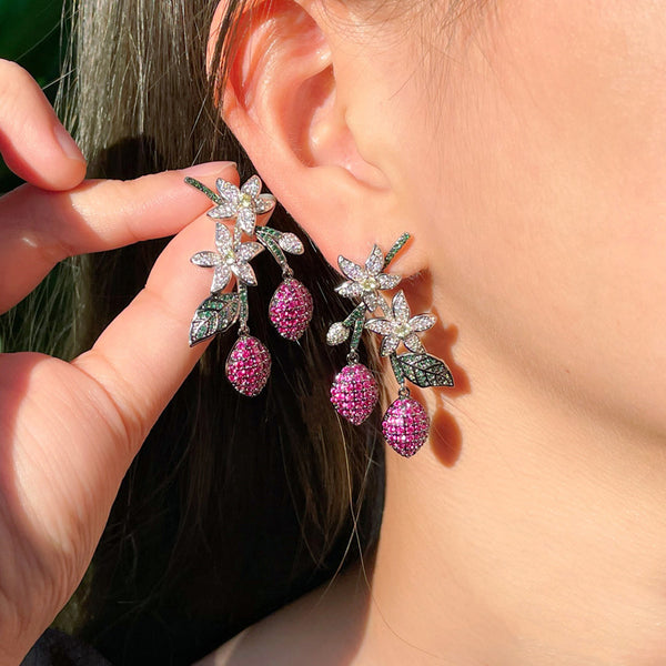 Trendy Flower Design CZ Stone Long Tassel Red Lemon Fruit Dangle Earrings