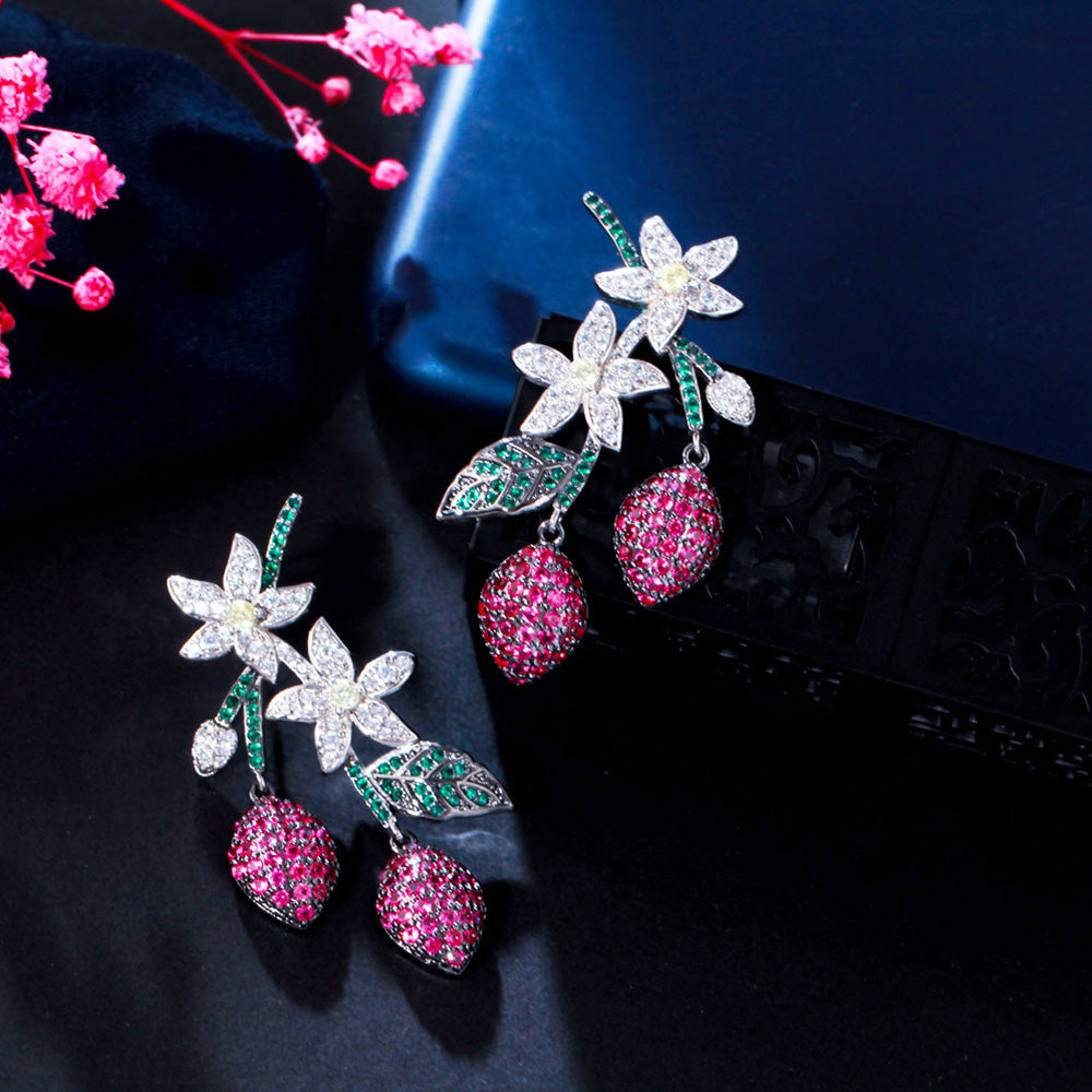 Trendy Flower Design CZ Stone Long Tassel Red Lemon Fruit Dangle Earrings