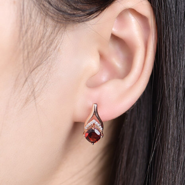 Pendientes de clip de lujo de oro rosa 585 con granate 100 % natural para mujer