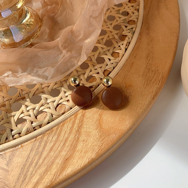 Vintage Geometric Round Oval Heart Coffee Color Stud Earrings