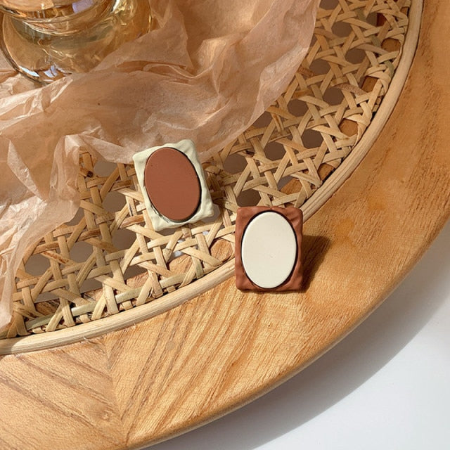 Vintage Geometric Round Oval Heart Coffee Color Stud Earrings