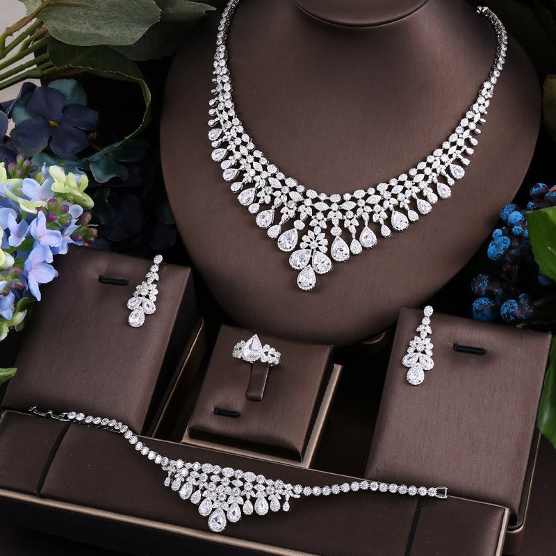 4pcs Bridal Zirconia Luxury Dubai Nigeria CZ Crystal Wedding necklace sets