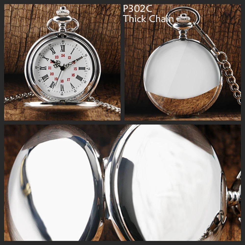 Smooth Silver Cover Men Pocket Watch Numbers for Dial Elegant Pocket Watch