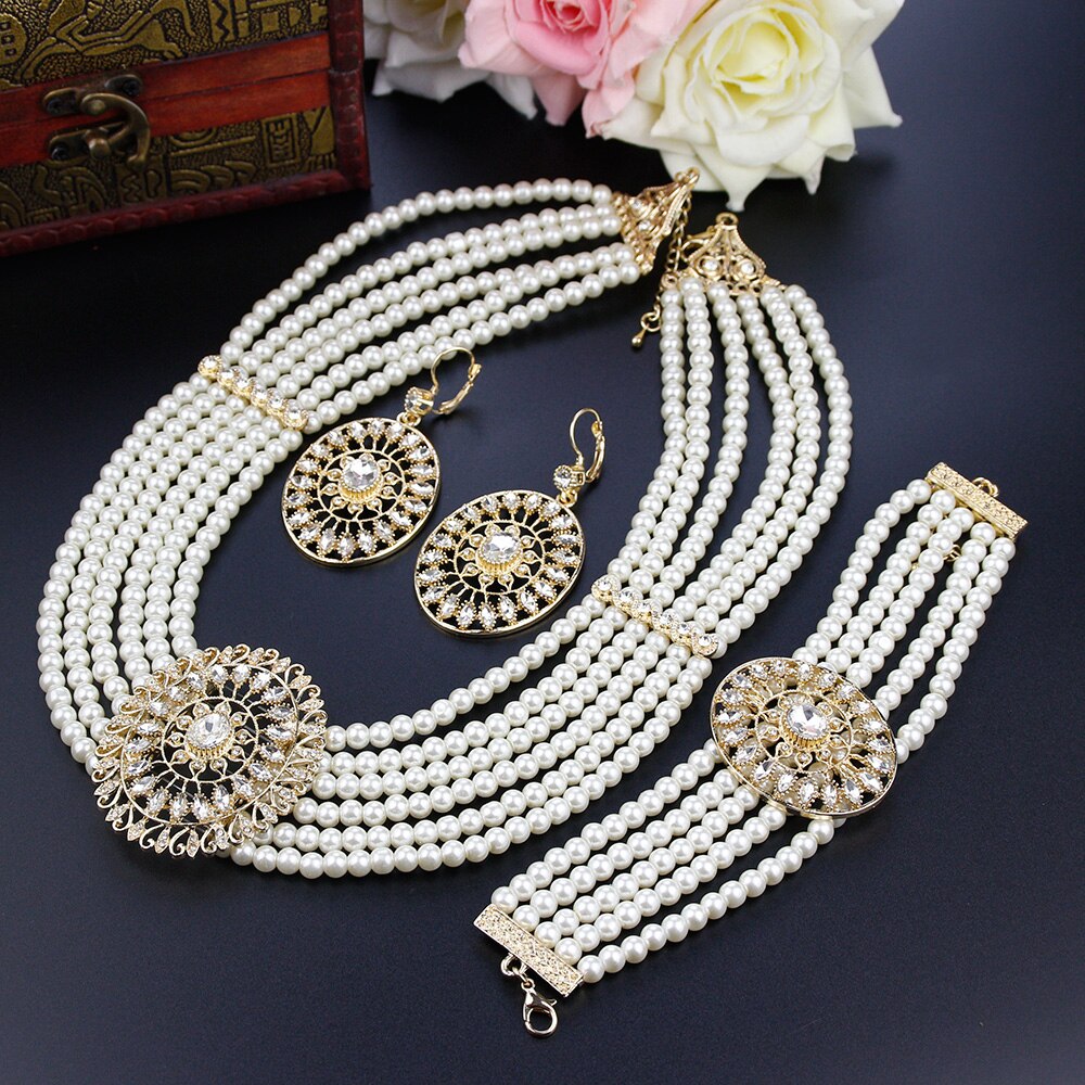 Morocco Gold Color Pearl Bead Necklace With Earring Bracelet  Jewelry Sets