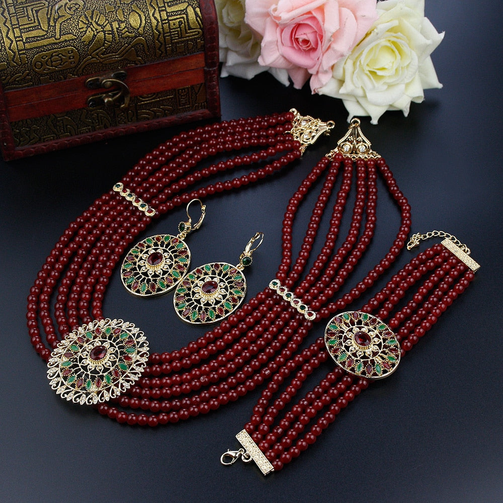 Morocco Gold Color Pearl Bead Necklace With Earring Bracelet  Jewelry Sets