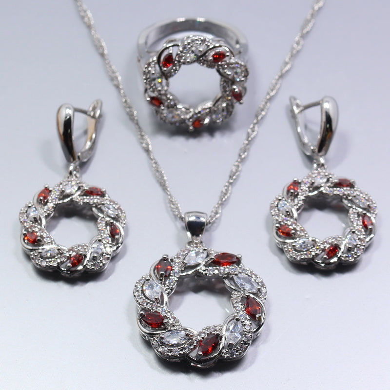 Silver Color Four Piece Round Red Rhodolite Ring Jewelry Set
