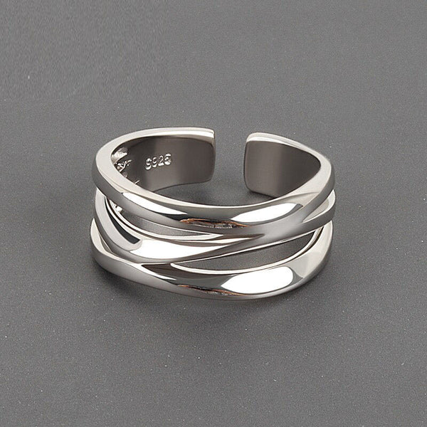 Anillo ancho ajustable abierto de moda multicapa de color plateado