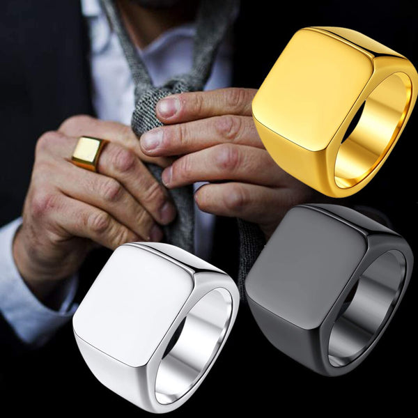 Anillo de sello cuadrado de acero inoxidable, estilo simple, color negro, dorado y plateado.