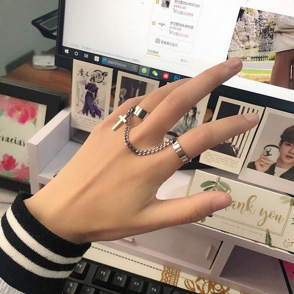 Anillo combinado de hip hop punk ajustable con apertura de cadena cruzada