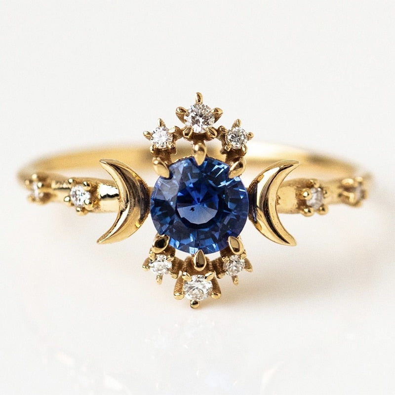 Luxury Star Moon Round Blue Zircon Rings For Women