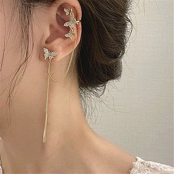 1 par de pendientes largos con borlas y mariposas de circonita cúbica huecas