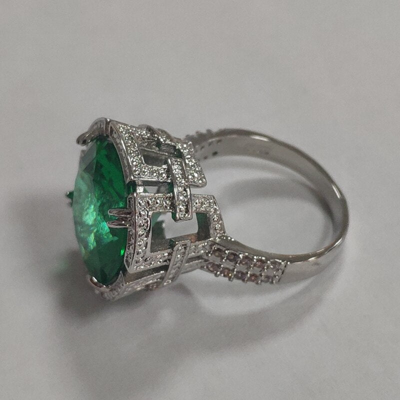 Luxury Bright Round Ring Green Stone Charm Silver Color Rings – Gofaer ...